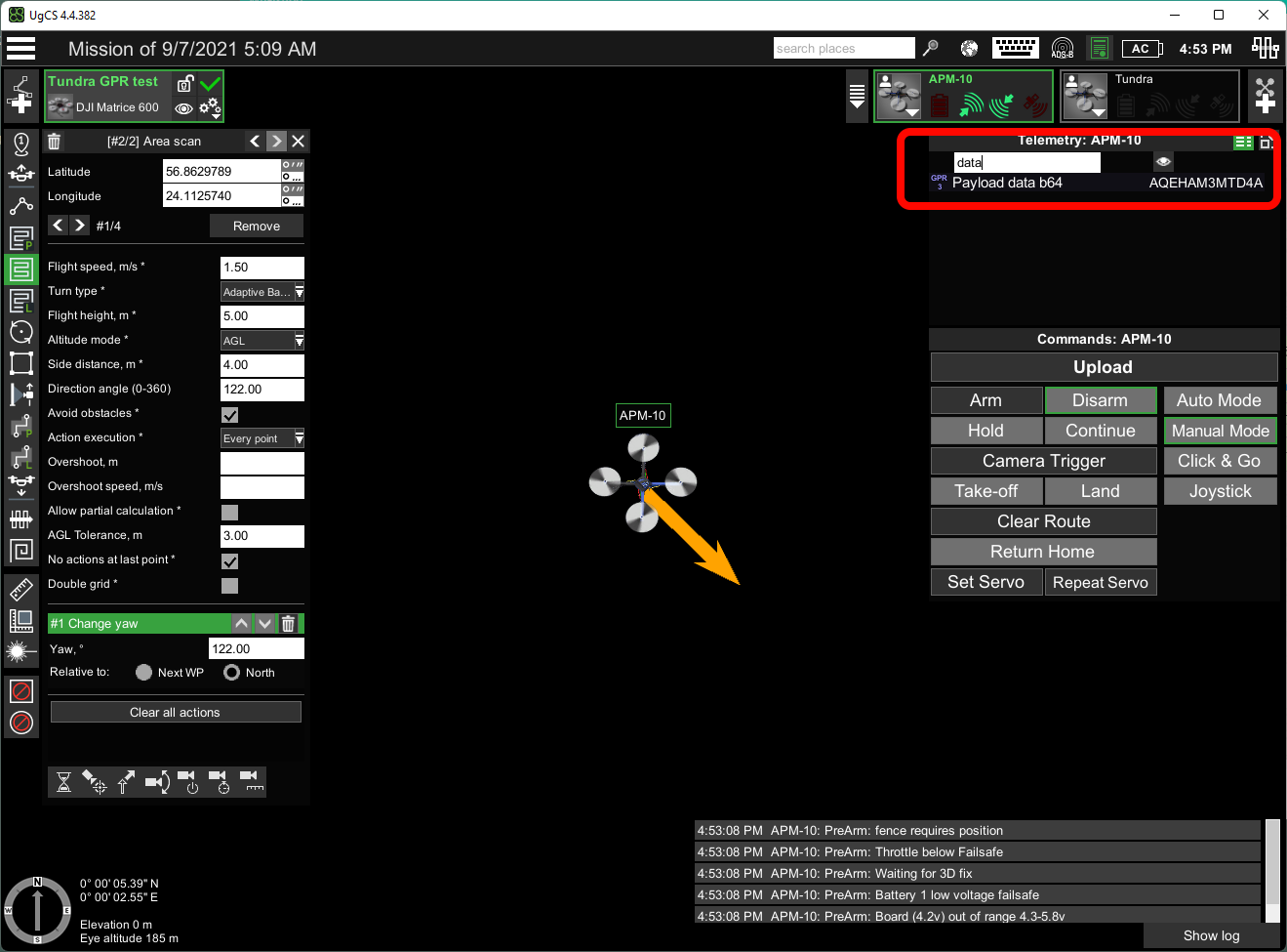 Telemetría del dron en UgCS. ../../../../_images/ugcs_cpm_data_b64.png