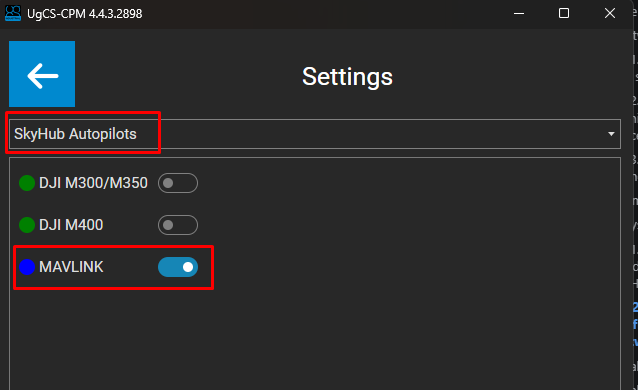 Autopilot section MAVLINK autopilot enabled in CPM settings