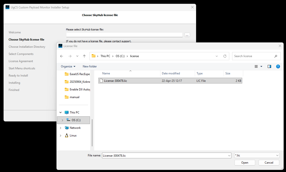 SkyHub license file SkyHub license file selection